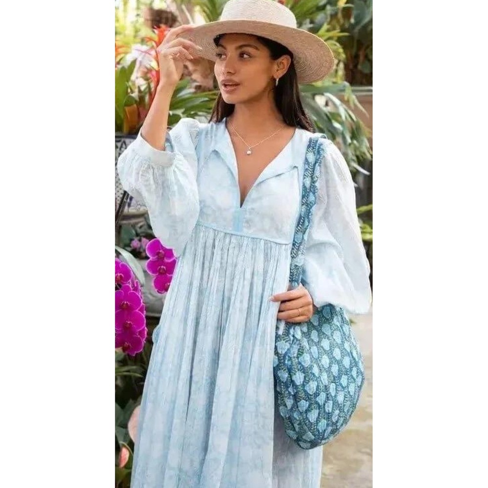 The Fox and the Mermaid Cotton Floral Print Midi Dress Blue Women's Size XL - Picture 2 of 10